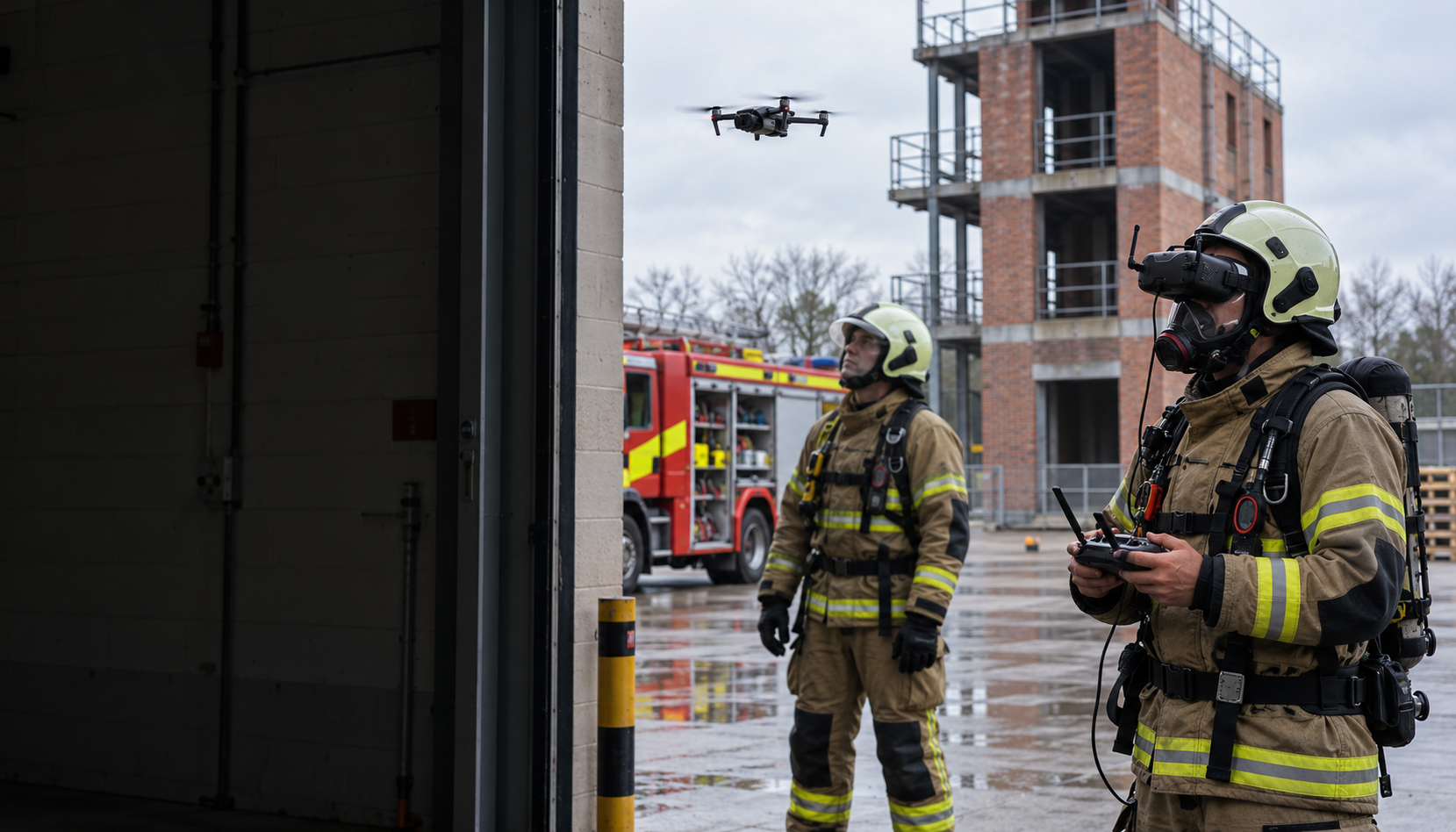 Illustrative concept photograph of masked firefighter wearing a headset and holding a drone controller